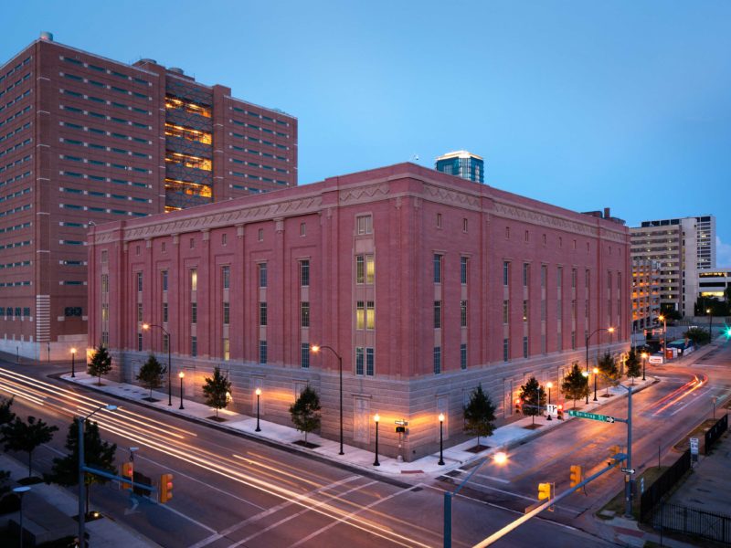 Nighttime side angle view of the Lon Evans Corrections Center