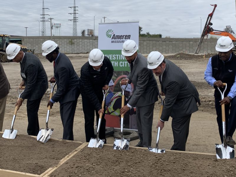 Leaders in KAI/PARIC construction hats shoveling dirt at the Ameren Missouri Operating Center groundbreaking ceremony