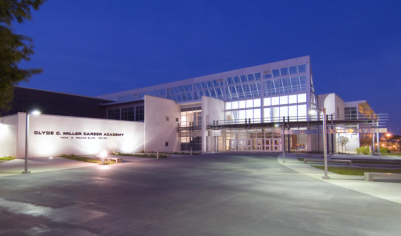 Clyde C. Miller Career Academy Exterior at Night
