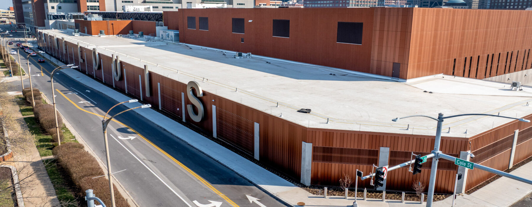 Exterior aerial of the St. Louis Cervantes Convention Center