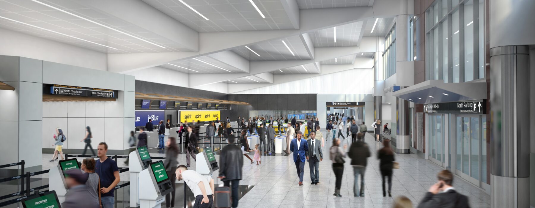 A rendering of a busy airport ticketing lobby