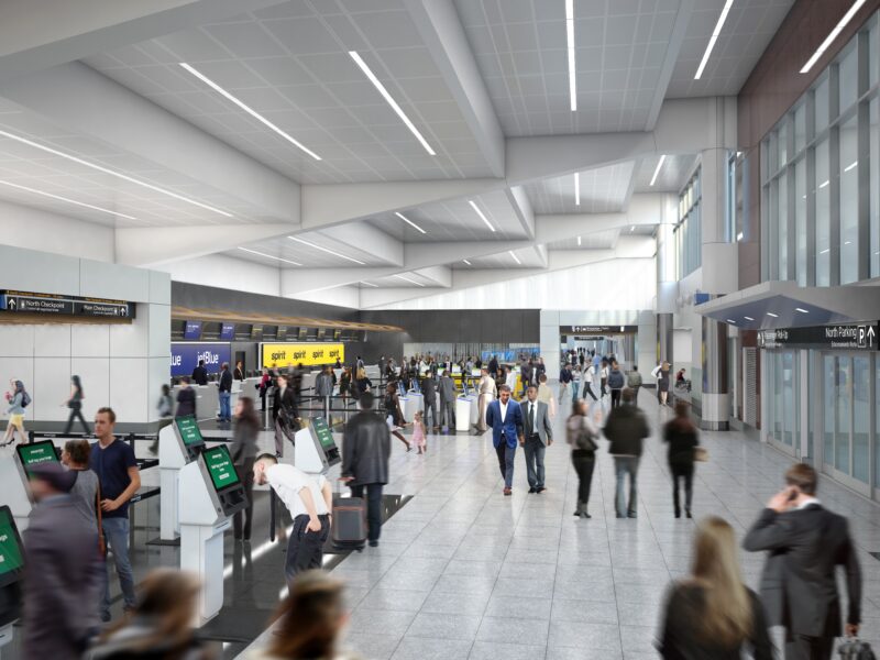 A rendering of a busy airport ticketing lobby