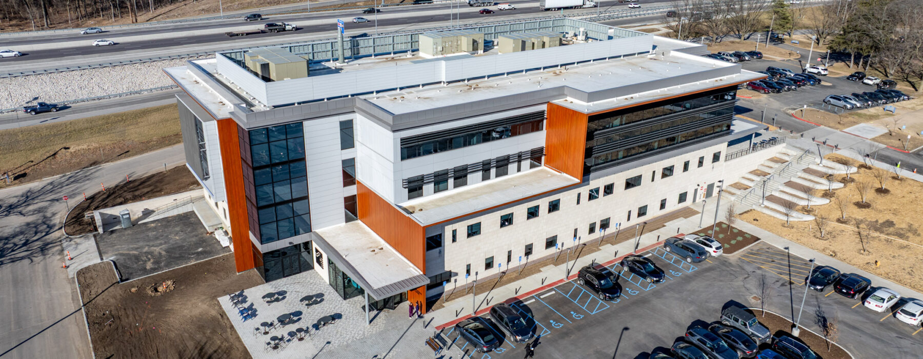 Exterior aerial photograph of a building on a college campus