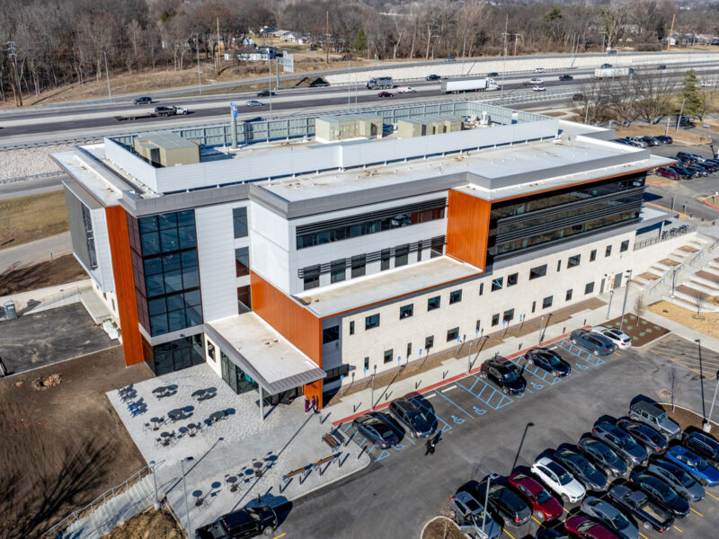 Exterior aerial photograph of a building on a college campus